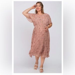 Light Pink Floral Pleated Chiffon Pleated Midi Maternity Plus Dress